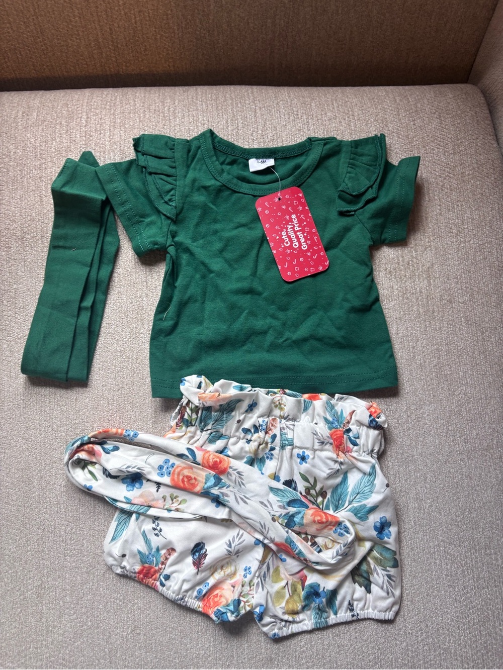 Green Flutter Sleeve Top with Floral Shorts Set